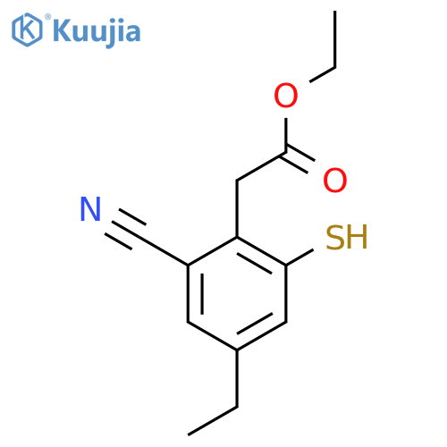 Ethyl 2-cyano-4-ethyl-6-mercaptophenylacetate structure