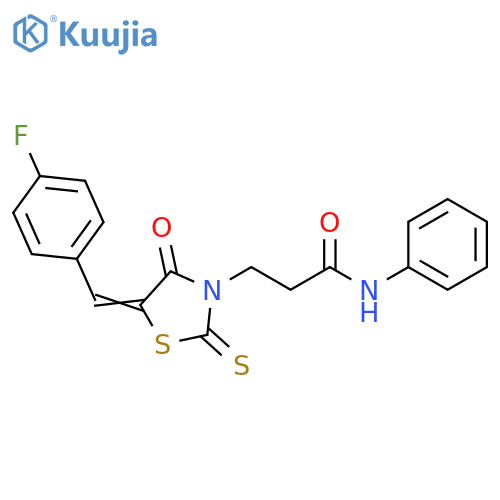 3-(5Z)-5-(4-fluorophenyl)methylidene-4-oxo-2-sulfanylidene-1,3-thiazolidin-3-yl-N-phenylpropanamide structure