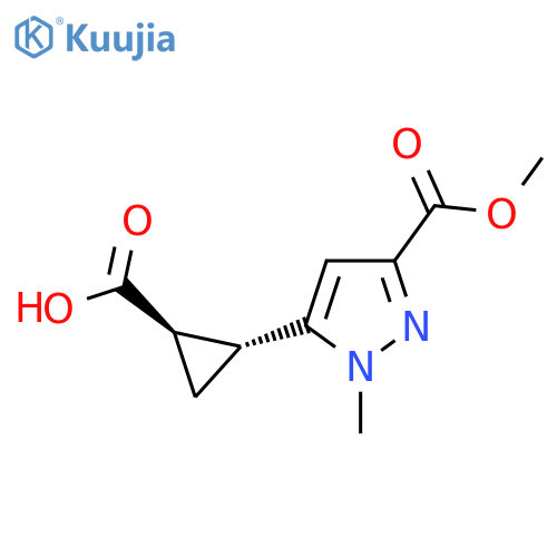 rac-(1R,2R)-2-[3-(methoxycarbonyl)-1-methyl-1H-pyrazol-5-yl]cyclopropane-1-carboxylic acid structure