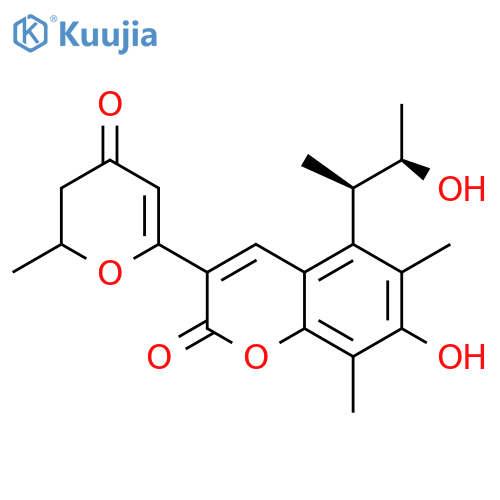 2H-1-Benzopyran-2-one, 3-(3,4-dihydro-2-methyl-4-oxo-2H-pyran-6-yl)-7-hydroxy-5-[(1R,2R)-2-hydroxy-1-methylpropyl]-6,8-dimethyl- structure
