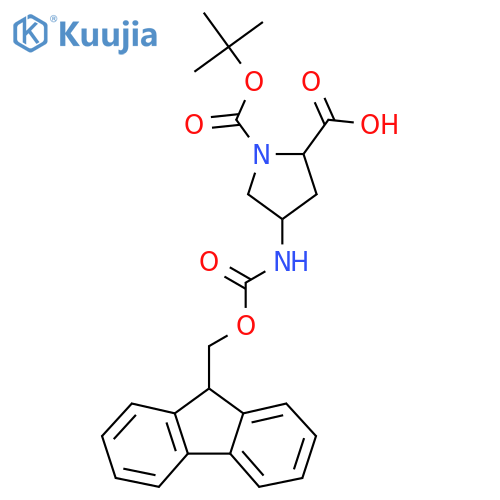 4-((((9H-Fluoren-9-yl)methoxy)carbonyl)amino)-1-(tert-butoxycarbonyl)pyrrolidine-2-carboxylic acid structure