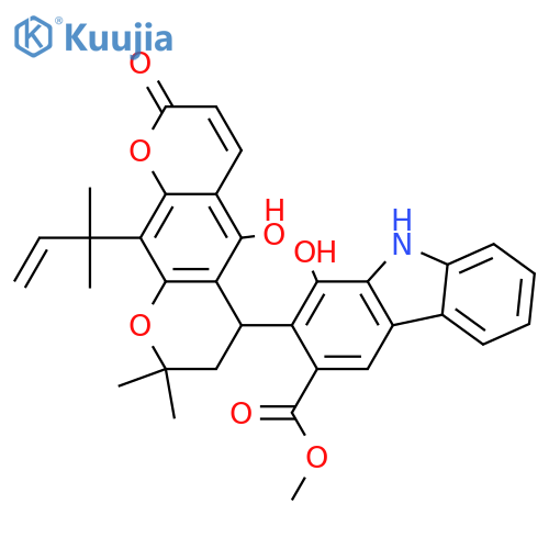 9H-Carbazole-3-carboxylicacid,2-[10-(1,1-dimethyl-2-propenyl)-7,8-dihydro-5-hydroxy-8,8-dimethyl-2-oxo-2H,6H-benzo[1,2-b:5,4-b']dipyran-6-yl]-1-hydroxy-,methyl ester, (-)- (9CI) structure
