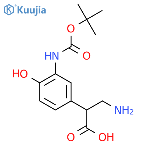 3-amino-2-(3-{(tert-butoxy)carbonylamino}-4-hydroxyphenyl)propanoic acid structure