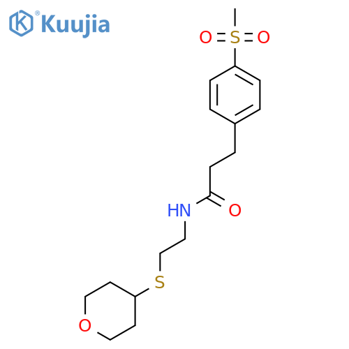 3-(4-(methylsulfonyl)phenyl)-N-(2-((tetrahydro-2H-pyran-4-yl)thio)ethyl)propanamide structure