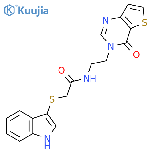 2-(1H-indol-3-ylsulfanyl)-N-(2-{4-oxo-3H,4H-thieno[3,2-d]pyrimidin-3-yl}ethyl)acetamide structure