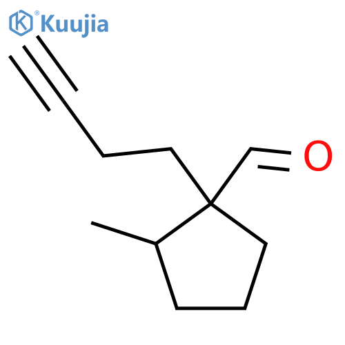 1-(but-3-yn-1-yl)-2-methylcyclopentane-1-carbaldehyde structure
