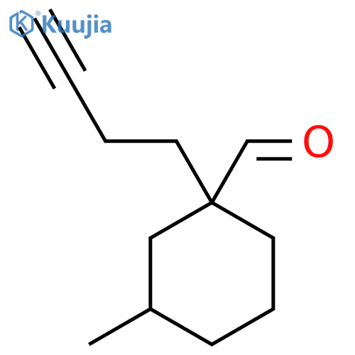 1-(But-3-yn-1-yl)-3-methylcyclohexane-1-carbaldehyde structure