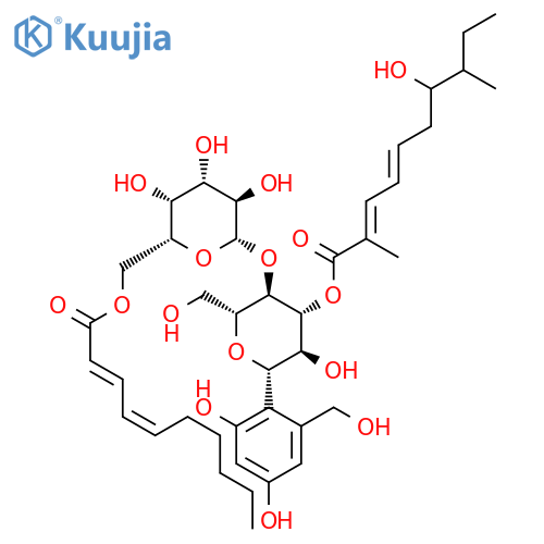 (1S)-1,5-anhydro-4-O-{6-O-[(2E,4Z)-deca-2,4-dienoyl]-beta-D-galactopyranosyl}-1-[2,4-dihydroxy-6-(hydroxymethyl)phenyl]-3-O-[(2E,4E)-7-hydroxy-2,8-dimethyldeca-2,4-dienoyl]-D-glucitol structure