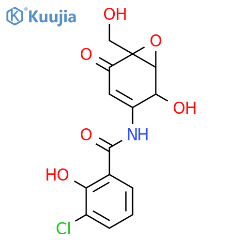 3-chloro-2-hydroxy-N-[(1R,2S,6R)-2-hydroxy-6-(hydroxymethyl)-5-oxo-7-oxabicyclo[4.1.0]hept-3-en-3-yl]benzamide structure