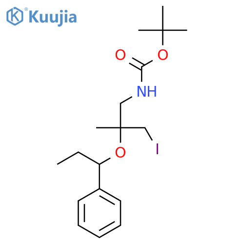 tert-butyl N-3-iodo-2-methyl-2-(1-phenylpropoxy)propylcarbamate structure