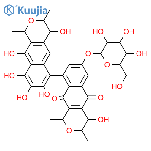 [6,9'-Bi-1H-naphtho[2,3-c]pyran]-5',10'-dione,7'-(b-D-glucopyranosyloxy)-3,3',4,4'-tetrahydro-4,4',7,8,9,10-hexahydroxy-1,1',3,3'-tetramethyl-,(1R,1'R,3R,3'R,4S,4'S)-rel-(+)- structure