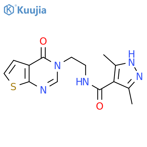 3,5-dimethyl-N-(2-{4-oxo-3H,4H-thieno[2,3-d]pyrimidin-3-yl}ethyl)-1H-pyrazole-4-carboxamide structure