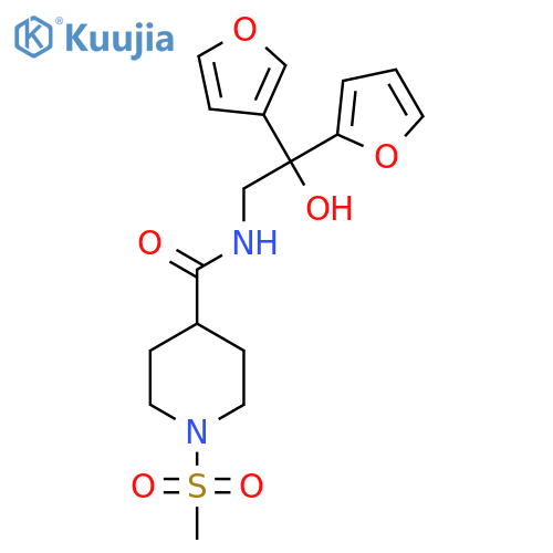 N-2-(furan-2-yl)-2-(furan-3-yl)-2-hydroxyethyl-1-methanesulfonylpiperidine-4-carboxamide structure