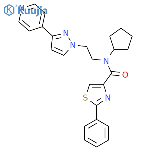 N-cyclopentyl-2-phenyl-N-{2-3-(pyridin-4-yl)-1H-pyrazol-1-ylethyl}-1,3-thiazole-4-carboxamide structure