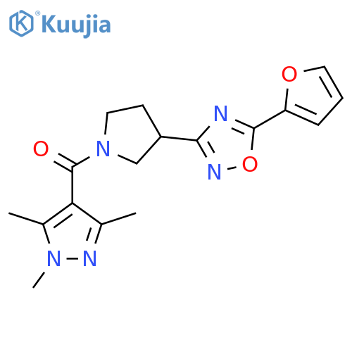 5-(furan-2-yl)-3-1-(1,3,5-trimethyl-1H-pyrazole-4-carbonyl)pyrrolidin-3-yl-1,2,4-oxadiazole structure