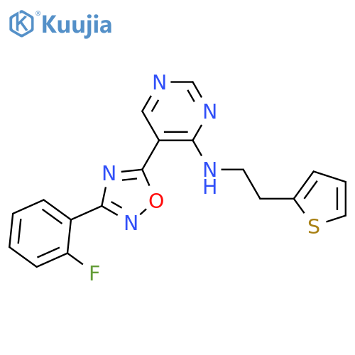 5-[3-(2-fluorophenyl)-1,2,4-oxadiazol-5-yl]-N-[2-(thiophen-2-yl)ethyl]pyrimidin-4-amine structure