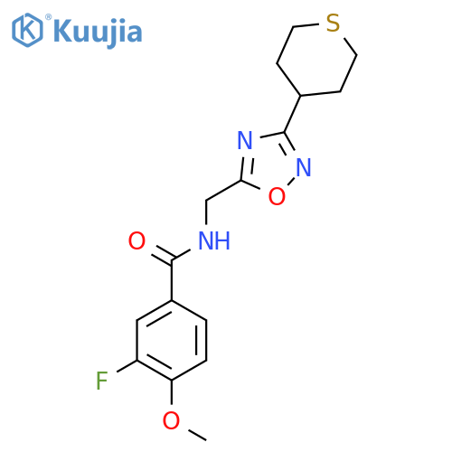 3-fluoro-4-methoxy-N-{[3-(thian-4-yl)-1,2,4-oxadiazol-5-yl]methyl}benzamide structure