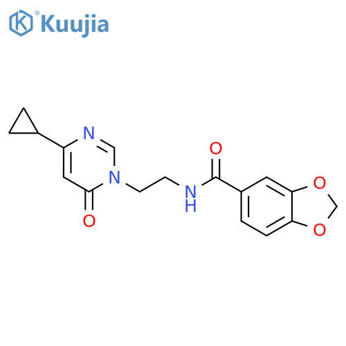N-[2-(4-cyclopropyl-6-oxo-1,6-dihydropyrimidin-1-yl)ethyl]-2H-1,3-benzodioxole-5-carboxamide structure