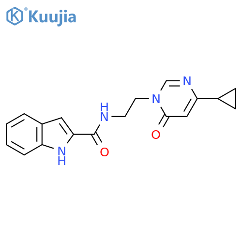 N-2-(4-cyclopropyl-6-oxo-1,6-dihydropyrimidin-1-yl)ethyl-1H-indole-2-carboxamide structure