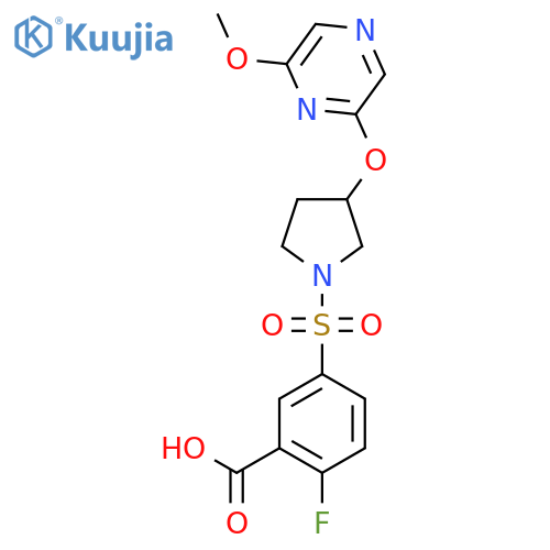 2-fluoro-5-({3-[(6-methoxypyrazin-2-yl)oxy]pyrrolidin-1-yl}sulfonyl)benzoic acid structure