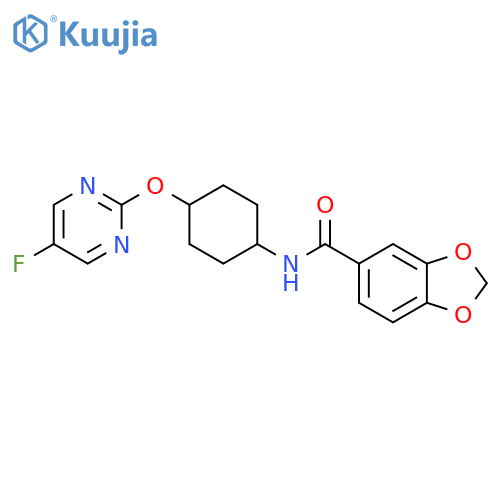 N-(1r,4r)-4-(5-fluoropyrimidin-2-yl)oxycyclohexyl-2H-1,3-benzodioxole-5-carboxamide structure