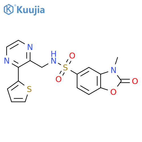 3-methyl-2-oxo-N-{3-(thiophen-2-yl)pyrazin-2-ylmethyl}-2,3-dihydro-1,3-benzoxazole-5-sulfonamide structure