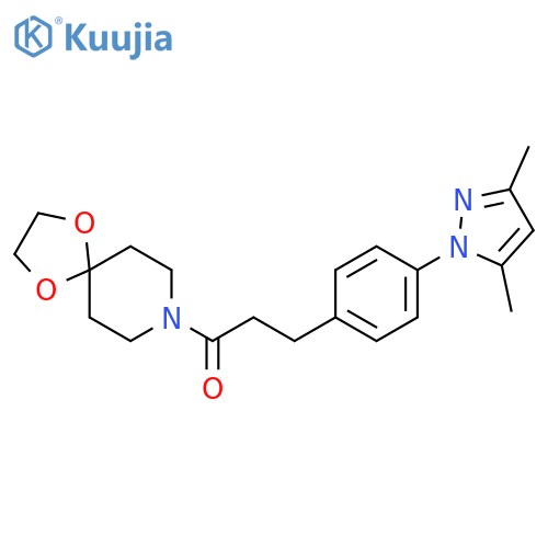 3-[4-(3,5-dimethyl-1H-pyrazol-1-yl)phenyl]-1-{1,4-dioxa-8-azaspiro[4.5]decan-8-yl}propan-1-one structure