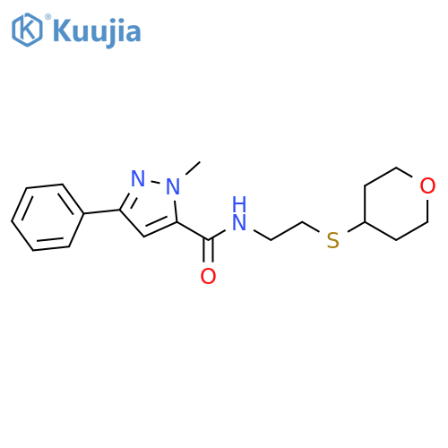 2-methyl-N-[2-(oxan-4-ylsulfanyl)ethyl]-5-phenylpyrazole-3-carboxamide structure