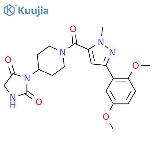 3-(1-(3-(2,5-dimethoxyphenyl)-1-methyl-1H-pyrazole-5-carbonyl)piperidin-4-yl)imidazolidine-2,4-dione structure