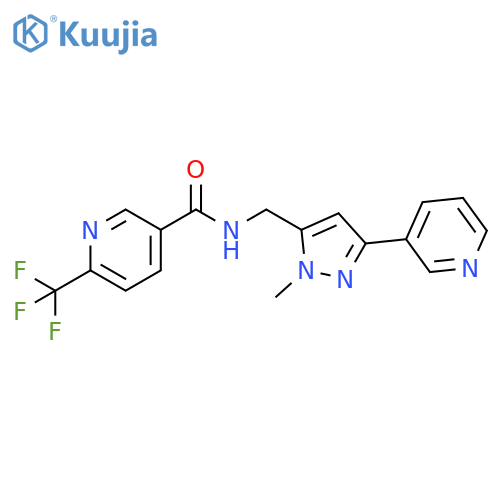 N-{[1-methyl-3-(pyridin-3-yl)-1H-pyrazol-5-yl]methyl}-6-(trifluoromethyl)pyridine-3-carboxamide structure