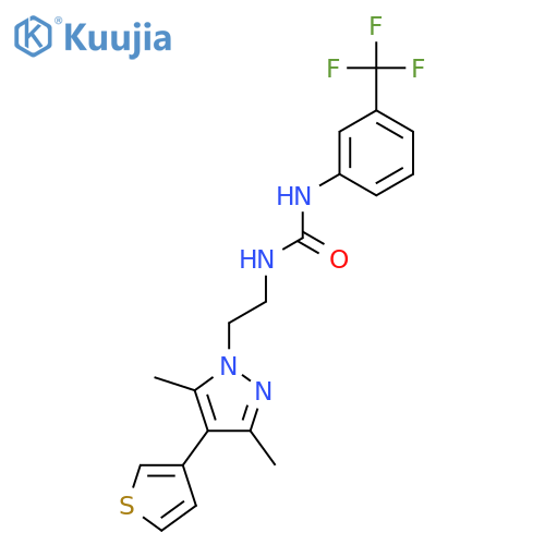 3-{2-[3,5-dimethyl-4-(thiophen-3-yl)-1H-pyrazol-1-yl]ethyl}-1-[3-(trifluoromethyl)phenyl]urea structure