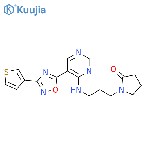 1-[3-({5-[3-(thiophen-3-yl)-1,2,4-oxadiazol-5-yl]pyrimidin-4-yl}amino)propyl]pyrrolidin-2-one structure