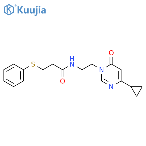 N-2-(4-cyclopropyl-6-oxo-1,6-dihydropyrimidin-1-yl)ethyl-3-(phenylsulfanyl)propanamide structure