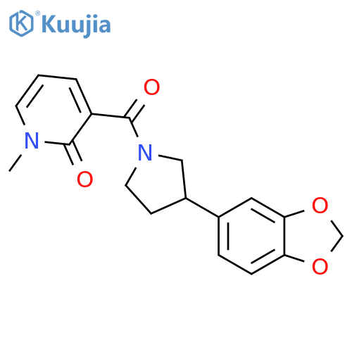 3-[3-(2H-1,3-benzodioxol-5-yl)pyrrolidine-1-carbonyl]-1-methyl-1,2-dihydropyridin-2-one structure