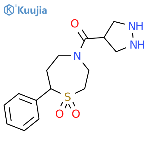7-phenyl-4-(1H-pyrazole-4-carbonyl)-1lambda6,4-thiazepane-1,1-dione structure