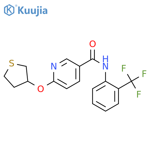 6-(thiolan-3-yloxy)-N-[2-(trifluoromethyl)phenyl]pyridine-3-carboxamide structure