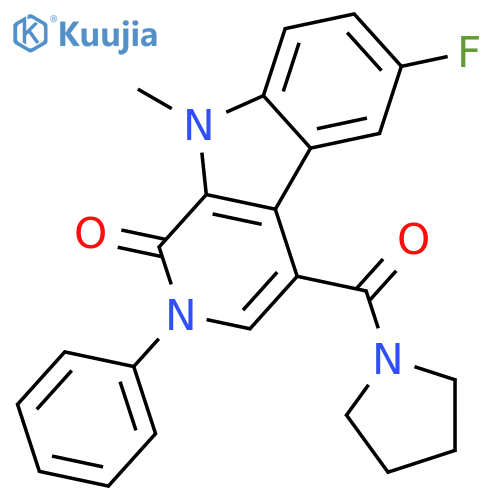 6-Fluoro-9-methyl-2-phenyl-4-(pyrrolidin-1-ylcarbonyl)-2,9-dihydro-1H-pyrido[3,4-b]indole-1-one structure