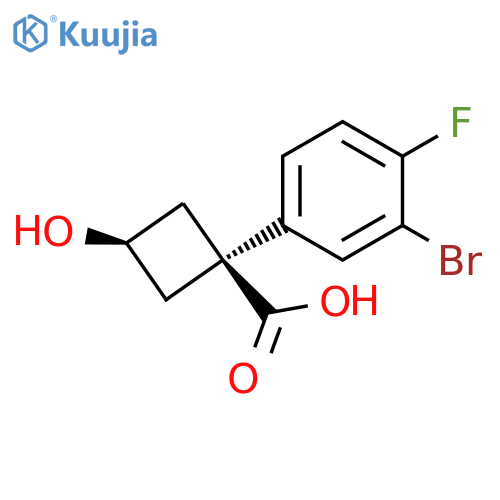 (1s,3s)-1-(3-bromo-4-fluorophenyl)-3-hydroxycyclobutane-1-carboxylic acid structure