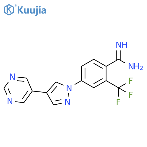 4-4-(pyrimidin-5-yl)-1H-pyrazol-1-yl-2-(trifluoromethyl)benzene-1-carboximidamide structure