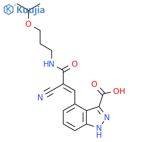 4-(2-cyano-2-{[3-(propan-2-yloxy)propyl]carbamoyl}eth-1-en-1-yl)-1H-indazole-3-carboxylic acid structure
