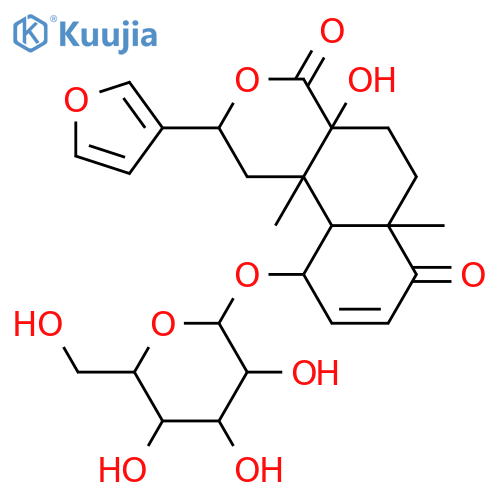 15,16-Epoxy-1,8-dihydroxy-18-nor-4-oxo-2,13(16),14-clerodatrien-17,12-olide; (1α,5α,8β,12αH)-form, 1-O-β-D-Glucopyranoside structure