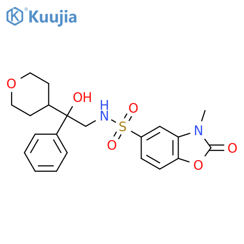 N-2-hydroxy-2-(oxan-4-yl)-2-phenylethyl-3-methyl-2-oxo-2,3-dihydro-1,3-benzoxazole-5-sulfonamide structure