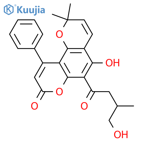 5-Hydroxy-6-(4-hydroxy-3-methyl-1-oxobutyl)-2,2-dimethyl-10-phenyl-2H,8H-benzo[1,2-b:3,4-b']dipyran-8-one; (-)-form structure