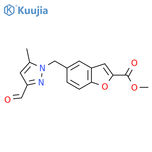 methyl 5-[(3-formyl-5-methyl-1H-pyrazol-1-yl)methyl]-1-benzofuran-2-carboxylate structure
