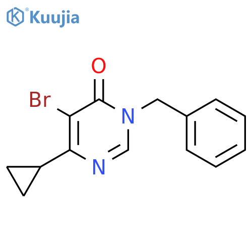 3-benzyl-5-bromo-6-cyclopropyl-3,4-dihydropyrimidin-4-one structure