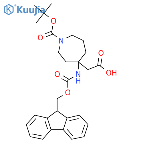 2-{1-(tert-butoxy)carbonyl-4-({(9H-fluoren-9-yl)methoxycarbonyl}amino)azepan-4-yl}acetic acid structure