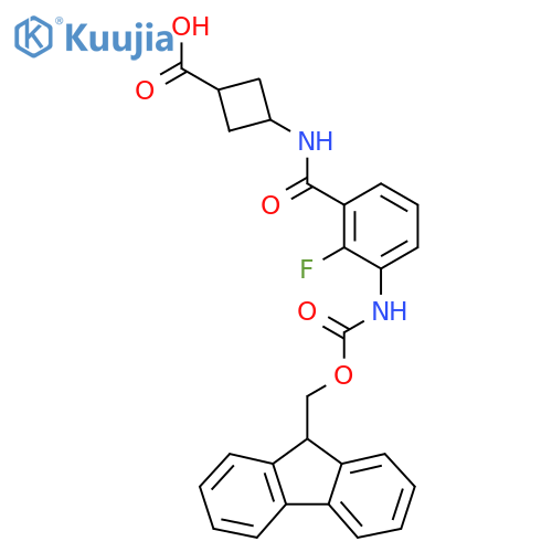 (1s,3s)-3-3-({(9H-fluoren-9-yl)methoxycarbonyl}amino)-2-fluorobenzamidocyclobutane-1-carboxylic acid structure