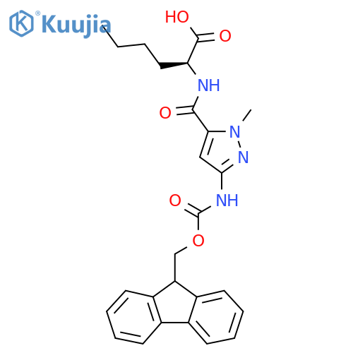 (2S)-2-{3-({(9H-fluoren-9-yl)methoxycarbonyl}amino)-1-methyl-1H-pyrazol-5-ylformamido}hexanoic acid structure