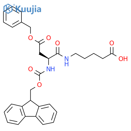 5-(2S)-3-(benzyl carboxy)-2-({(9H-fluoren-9-yl)methoxycarbonyl}amino)propanamidopentanoic acid structure