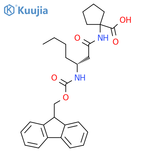1-(3R)-3-({(9H-fluoren-9-yl)methoxycarbonyl}amino)heptanamidocyclopentane-1-carboxylic acid structure